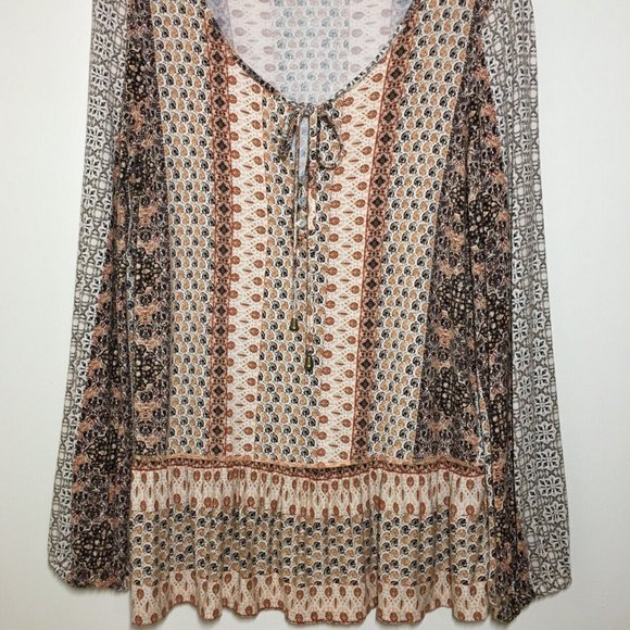 Rose & Olive Tops - Rose Olive M Peasant Top Boho Ruffled Hem Ivory Rust Brown Stretch Knit Bust36.5